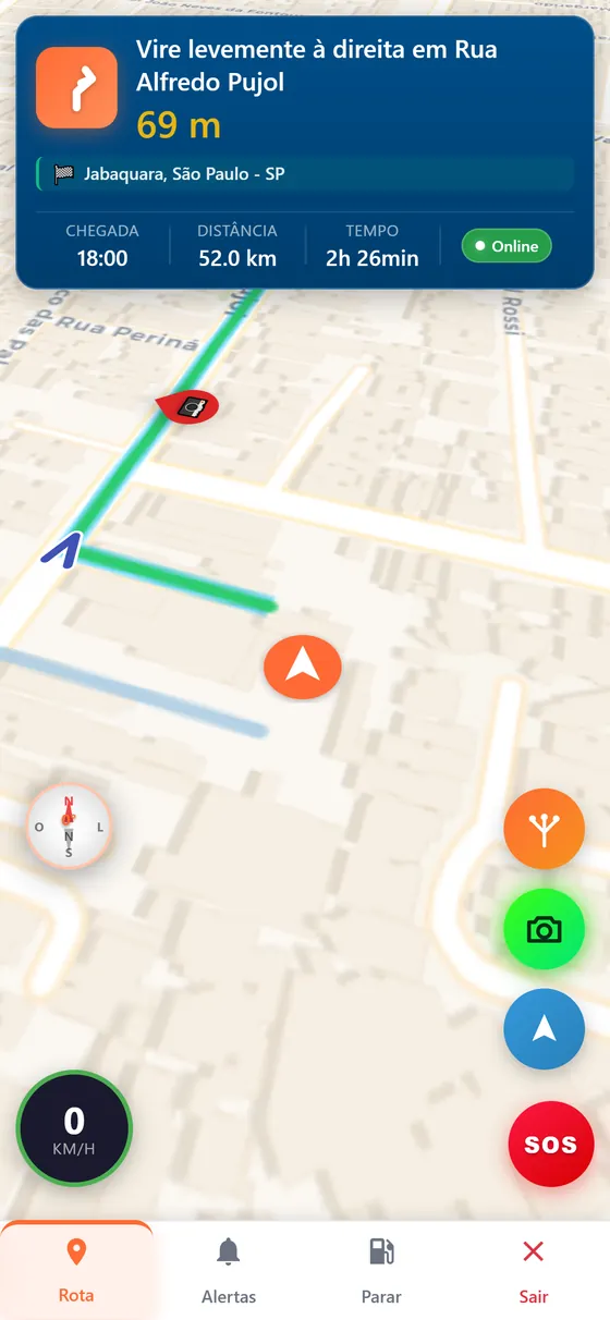 Tela de navegação do RotaTruck: vire levemente à direita em Rua Alfredo Pujol em 69 metros, destino Jabaquara a 52 km, chegada 18h, radar marcado na rota, velocímetro e botão SOS.